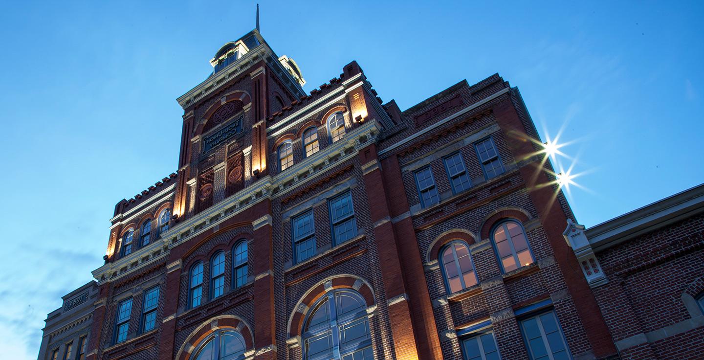 Tivoli Student Union at dusk.